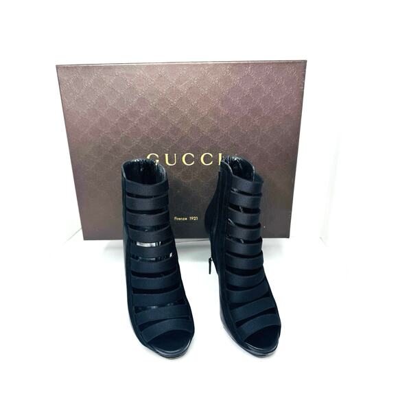 Gucci Black Caged Nappa Kid Scamosciato Elastic Olimpia Open Toe Booties 36.5 - Picture 5 of 10